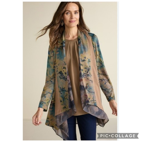 Soft Surroundings Tea Garden Brown Multi Floral Open Cardigan Topper Size M - Picture 3 of 14